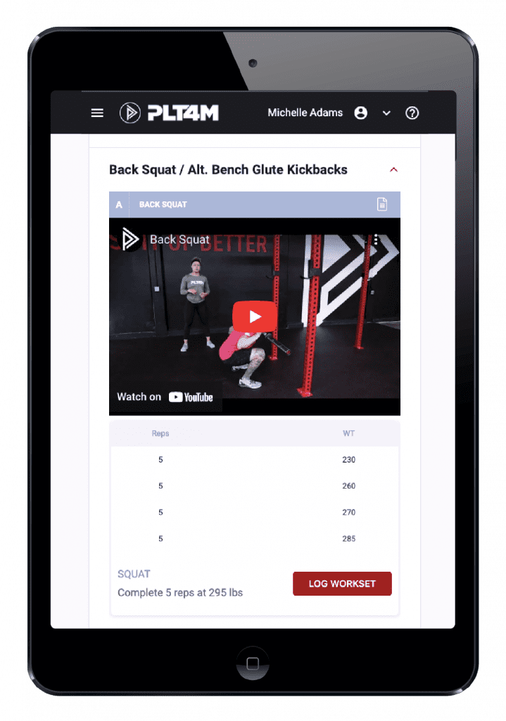 A screenshot of the PLT4M app and workout view.