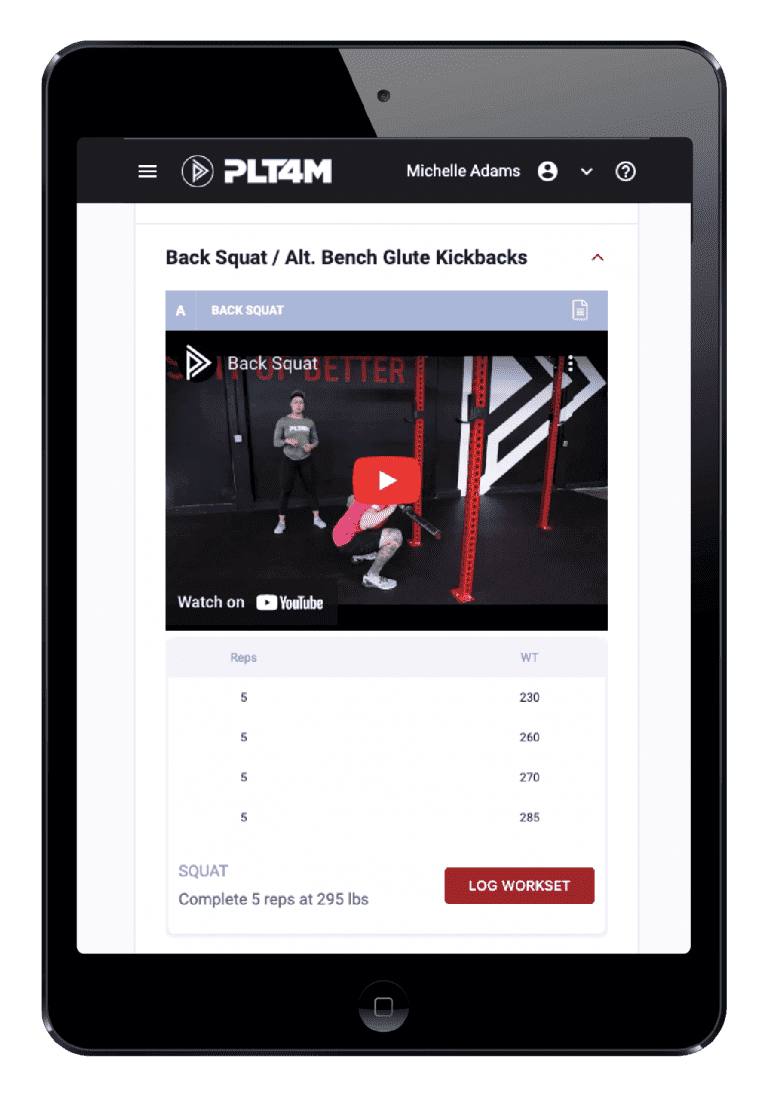 A screenshot of the PLT4M app and workout view.