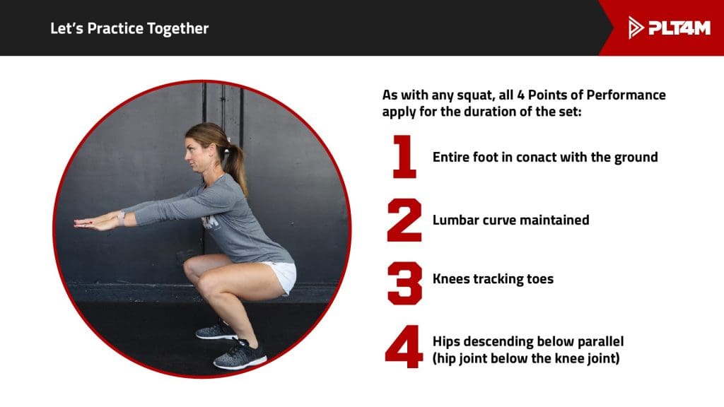 Squat points of performance and image of person squatting.