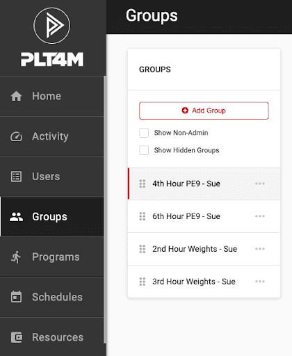 Groups page of the PLT4M app.