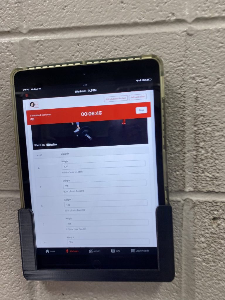 A tablet mounted in the Jacksonville High School weight room.