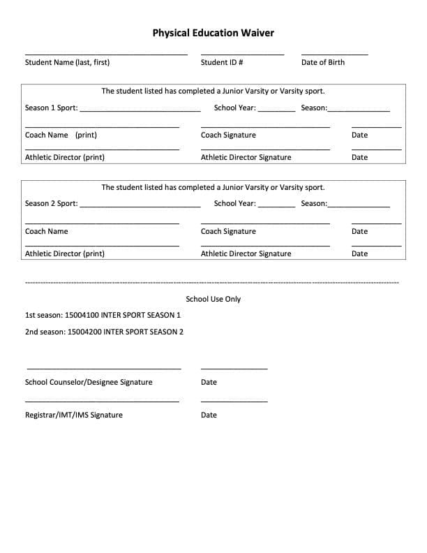 Example of Physical Education Waiver Form.