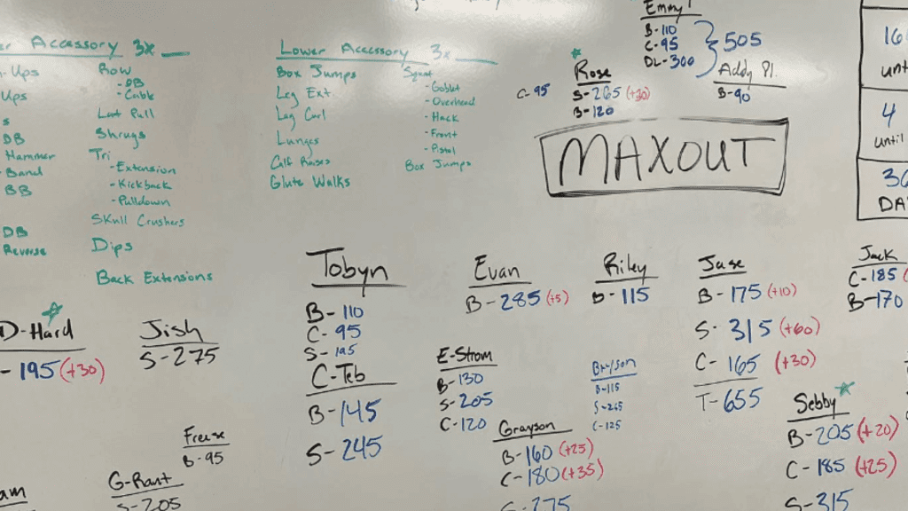 A whiteboard with weights and workouts written on it.