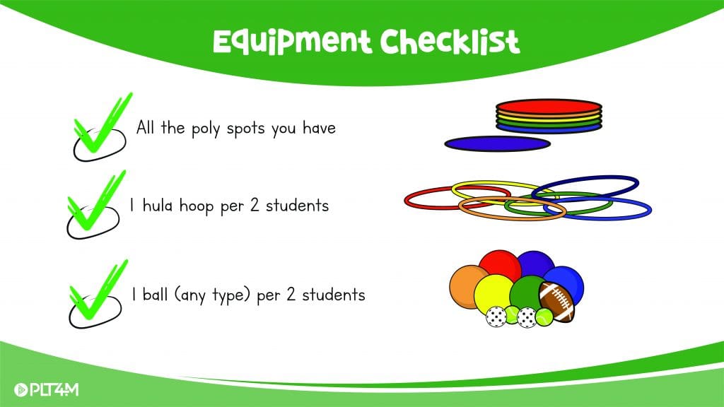 Equipment checklist for PLT4M Catch It, Keep It activity.