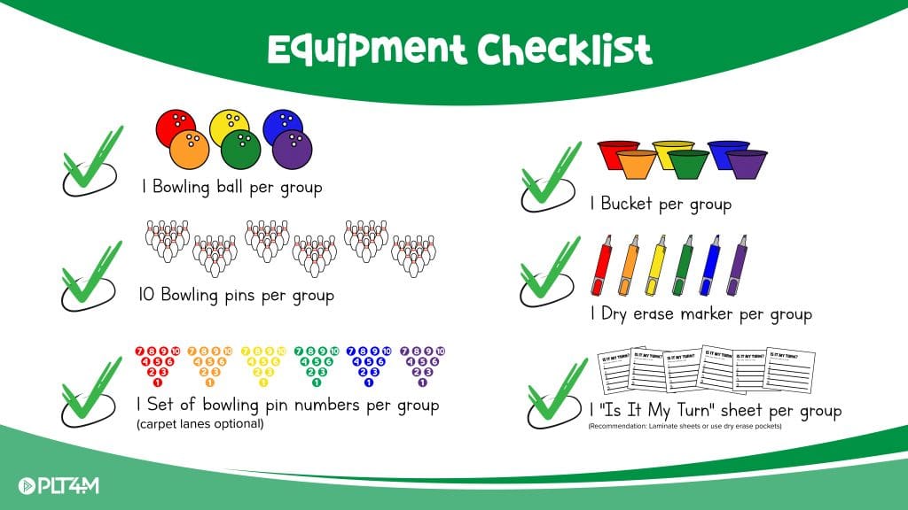 Equipment checklist for Add A Pin bowling lesson plan.