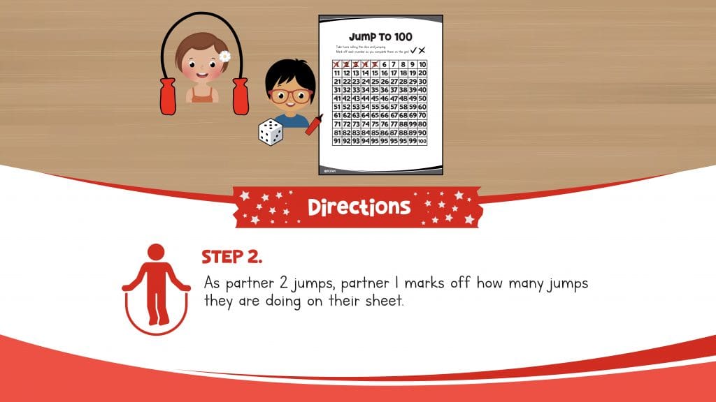 Directions slide for Jump to 100 jump rope activity for elementary PE students.