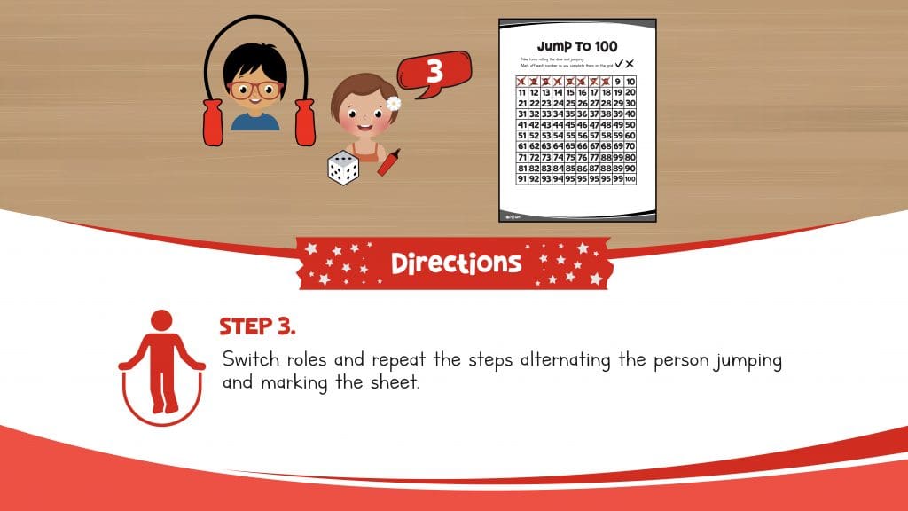 Directions slide for Jump to 100 jump rope activity for elementary PE students.