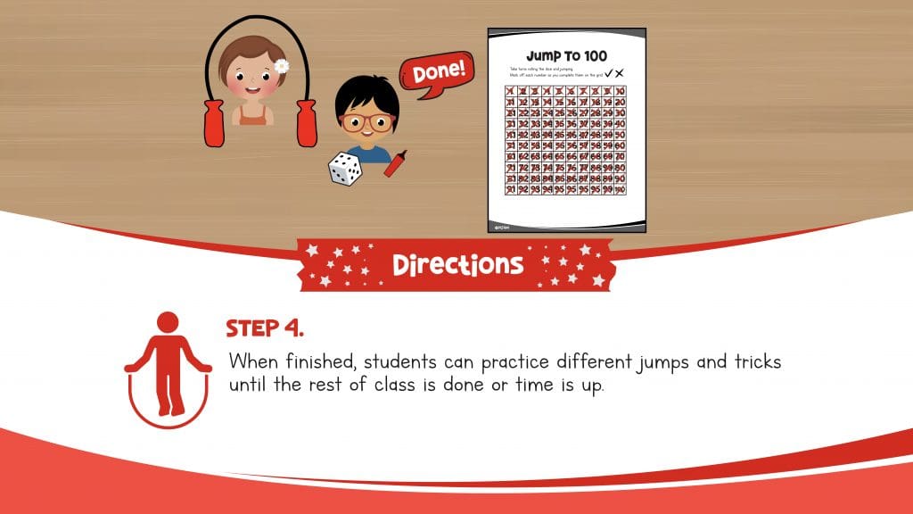 Directions slide for Jump to 100 jump rope activity for elementary PE students.