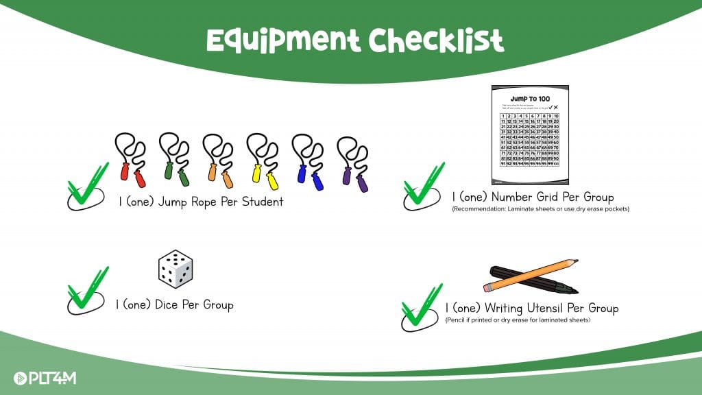 Equipment checklist for Jump to 100 elementary physical education lesson plan.