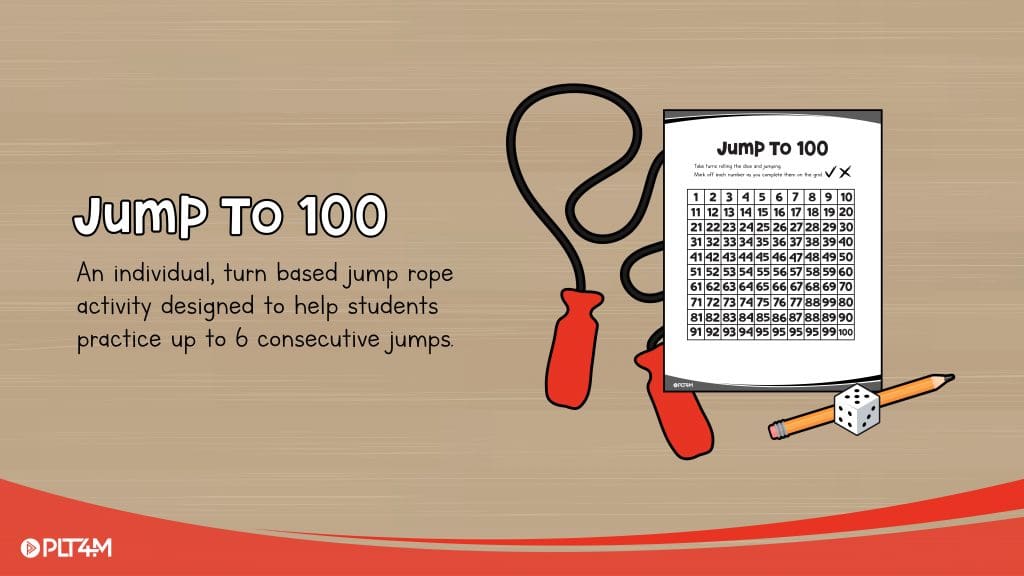 Jump to 100 title slide and activity description for physical education lesson plan.