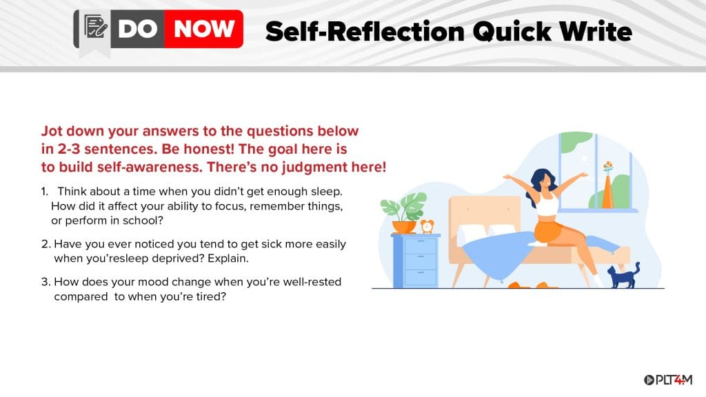 Do Now portion of a skills based health education lesson from PLT4M for lesson "Benefits Of Sleep."